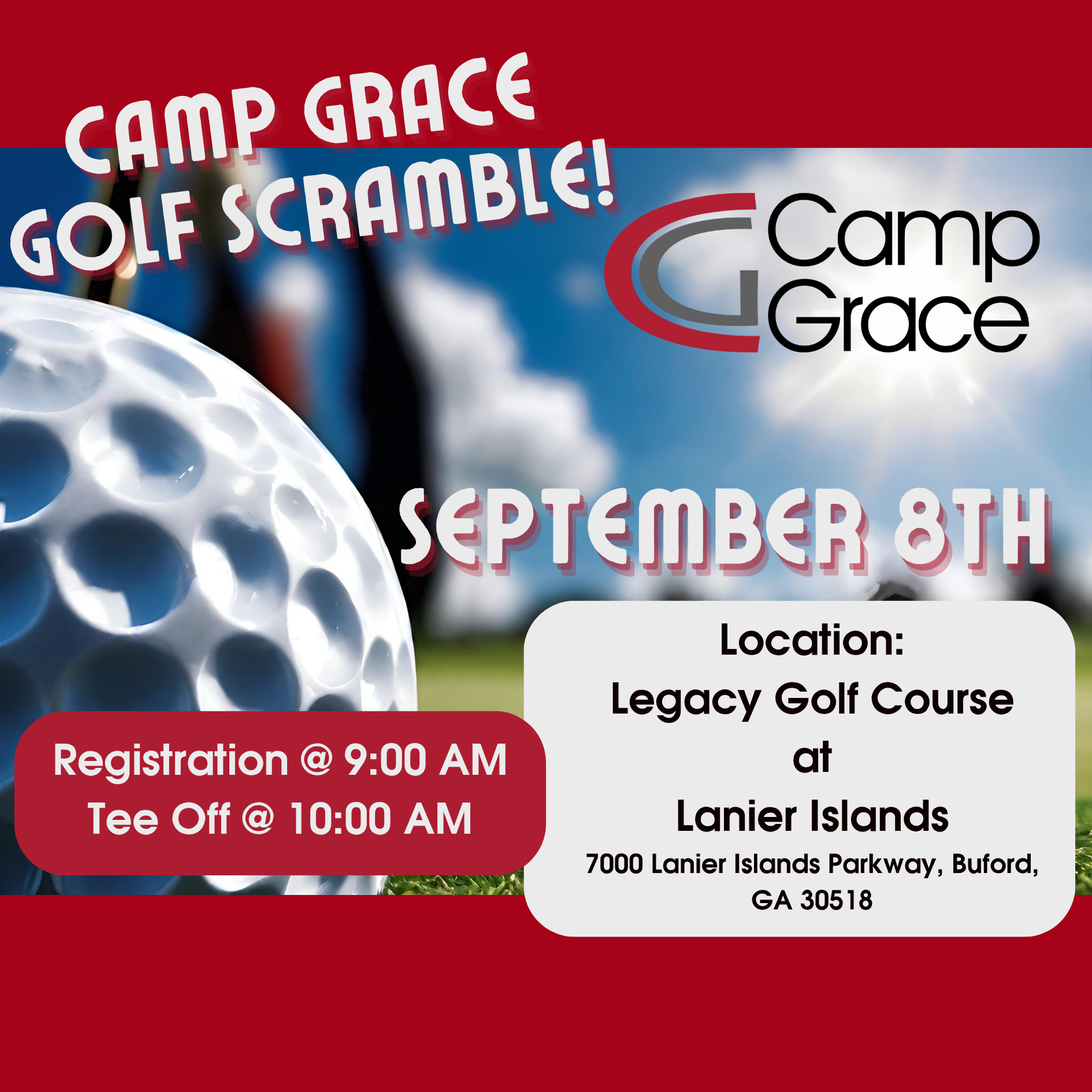 Camp Grace Golf Scramble flyer — September 8, 2026 at Legacy Golf Course at Lanier Islands
